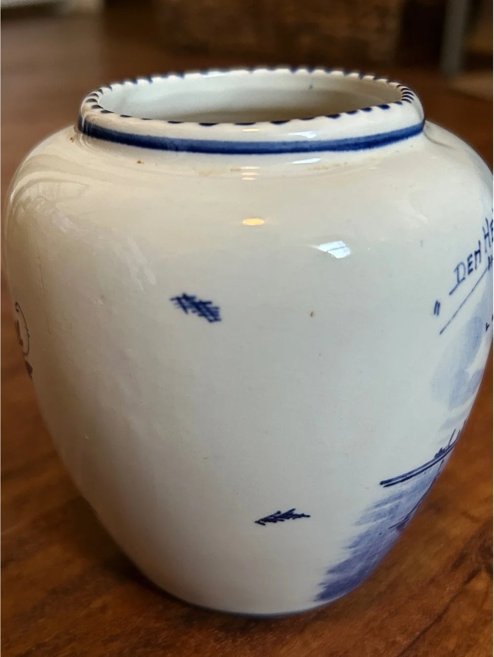 Vintage Delft Blue Ceramic Vase with Sailing Ship and Floral Design